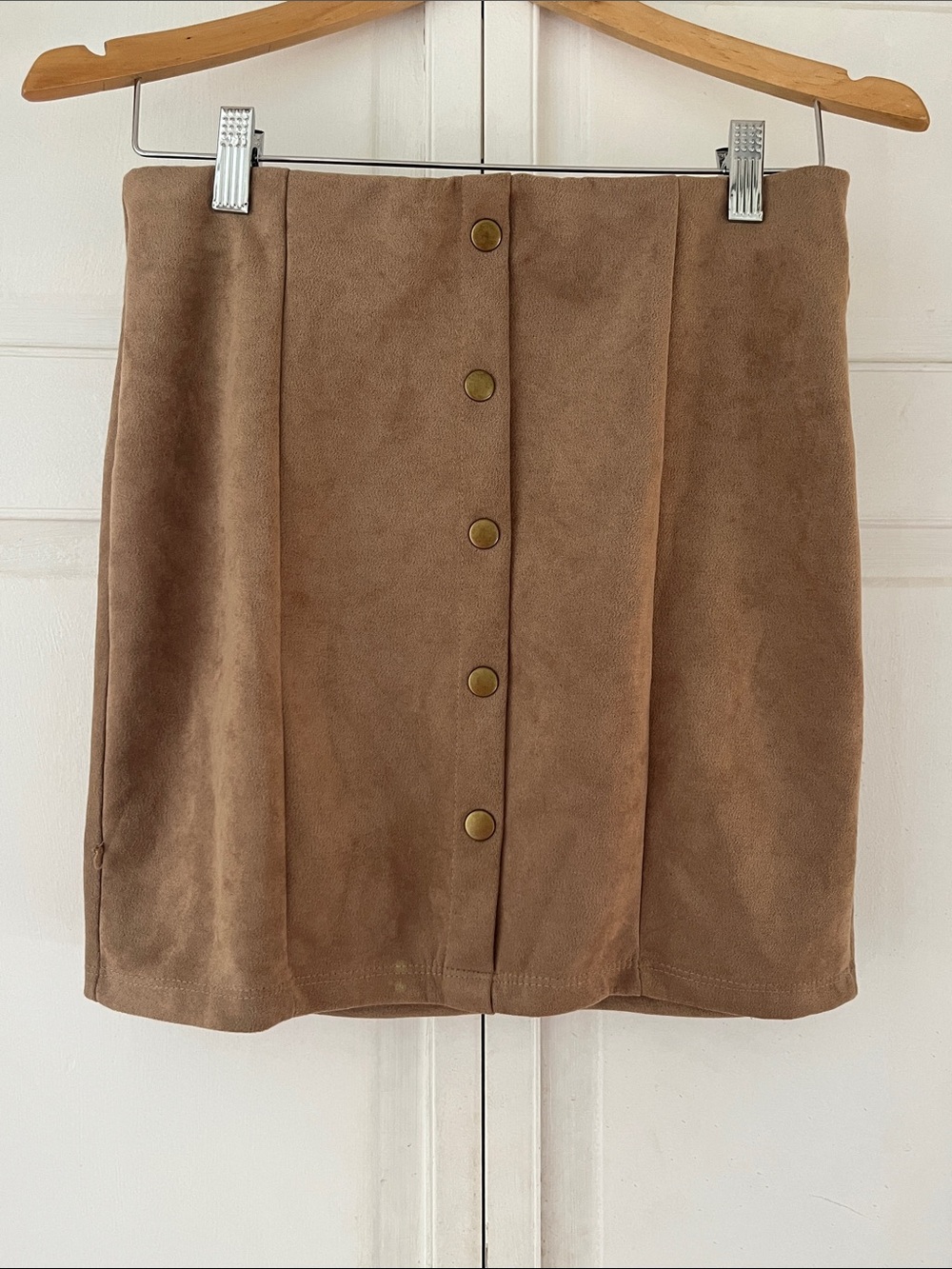 Button-Front Tan Suedette Mini Skirt